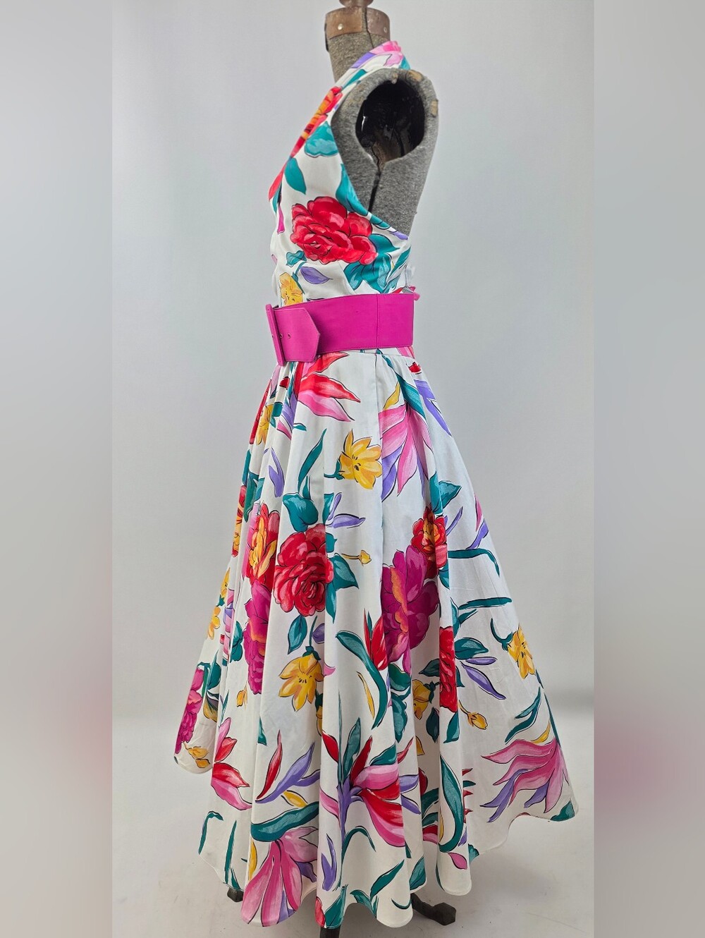 Victor Costa Vintage 80's Women's Belted Floral Cotton Halter Party Sundress 10 - Picture 6 of 10